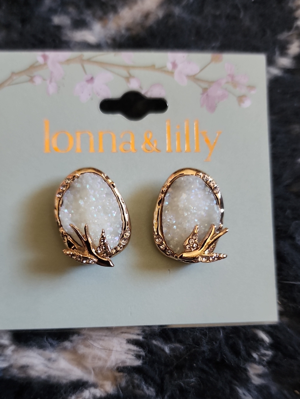 lonna & lilly Gold Bird Accent White Druzy Oval Stud Earrings